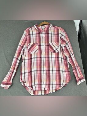 Lucky Brand Women's Pink Plaid Button-Up Shirt Long Sleeve Large